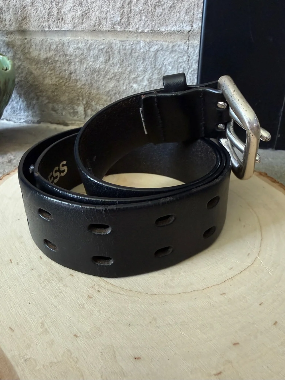 Express Black Leather Belt with Silver Double Prong Buckle Size S/30